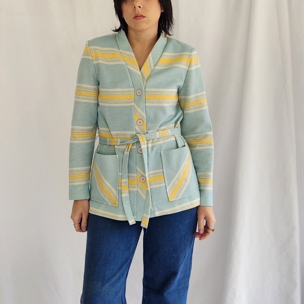 70s Blue and Yellow Striped Cardigan
